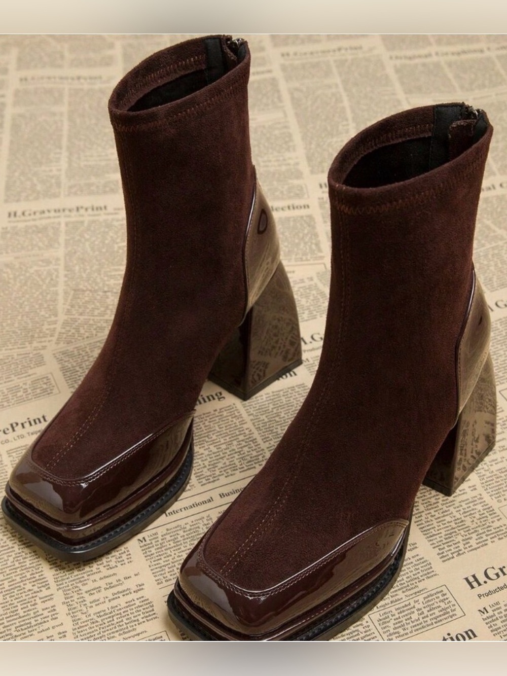 Burgundy Elegant Women's Waterproof Platform High Heel Boots